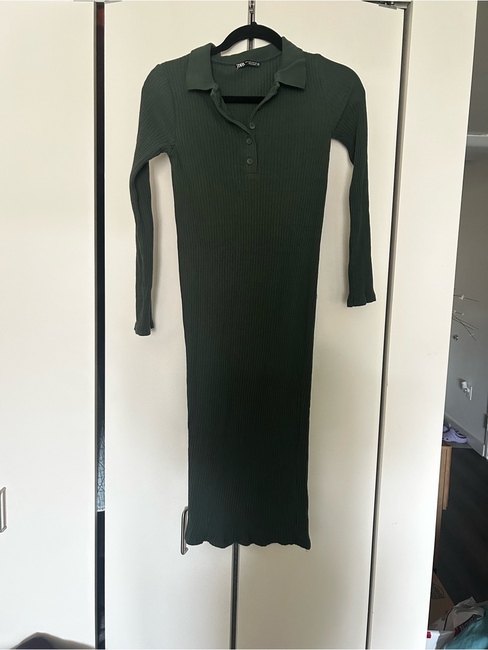 Zara Dark Green Ribbed Collared Long Sleeve Dress